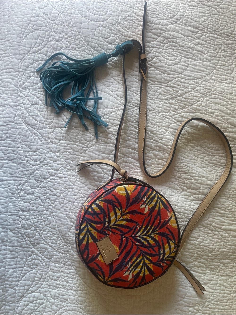 Round Palm-Print Crossbody Bag in Red and Teal